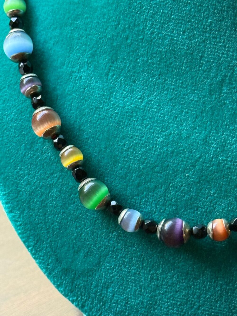 Upcycled Vintage Cat's Eye and Stainless Steel Beaded Necklace Rainbow